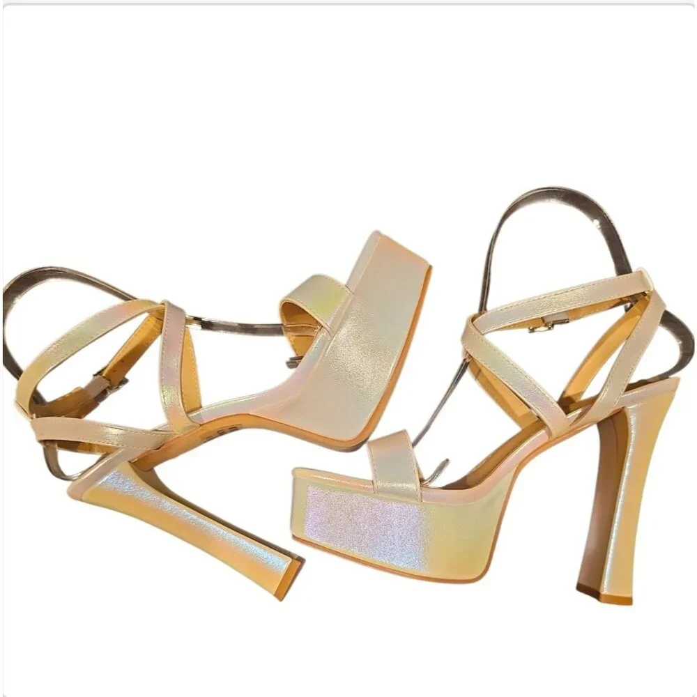 Iridescent Pearl Platform High Heel Strappy Sandals With Ankle Buckle